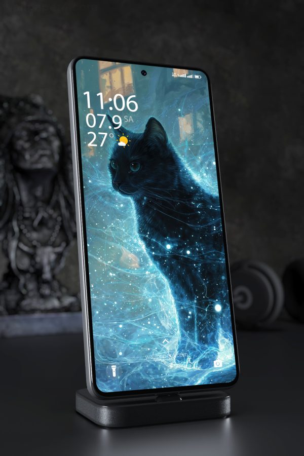 Phone Wallpaper 6850 - Mystical Black Cat with Blue Energy Glow