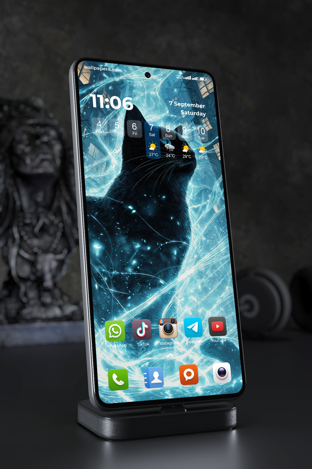 Mobile Wallpaper 6850 - Mystical Black Cat with Blue Energy Glow