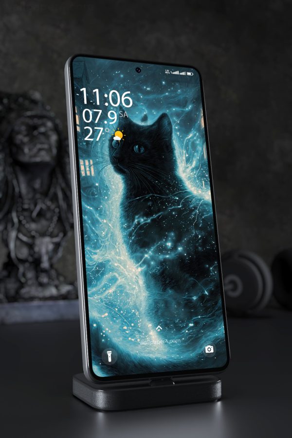 Mobile Wallpaper 6850 - Mystical Black Cat with Blue Energy Glow