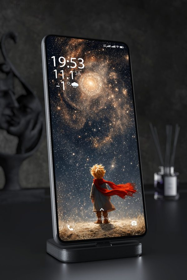 Phone Wallpaper 6931 - Little Explorer Under a Cosmic Galaxy Sky