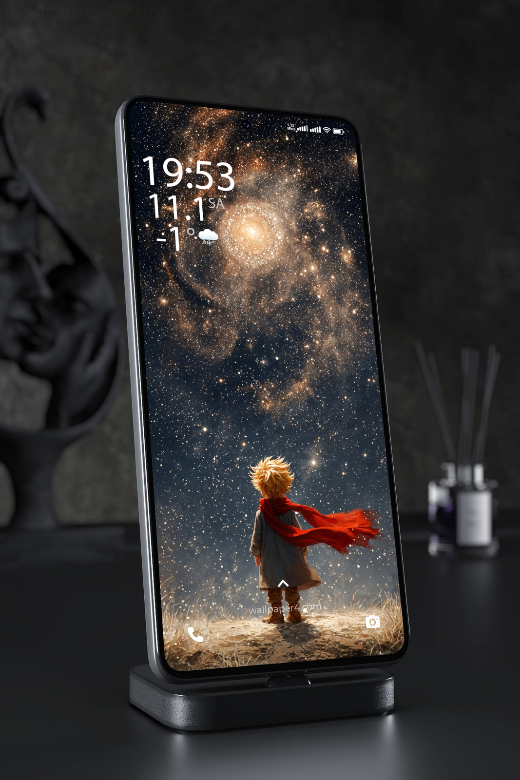 Phone Wallpaper 6931 - Little Explorer Under a Cosmic Galaxy Sky