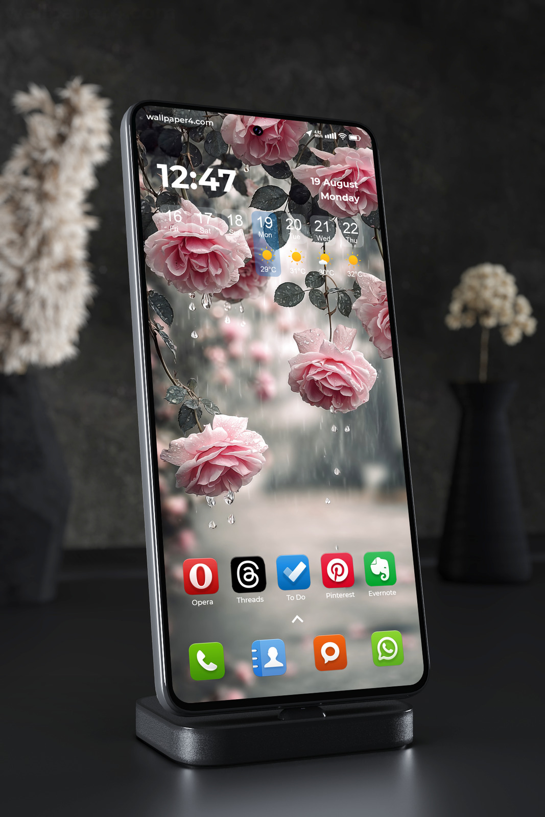 Phone Wallpaper 6936 - Pink Rose Garden in Rainy Misty Atmosphere