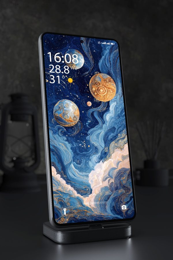 Mobile Wallpaper 6943 - Cosmic Blue Planets and Marble Galaxy Art