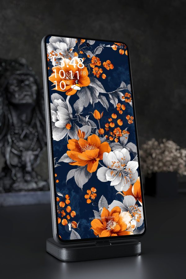 Phone Wallpaper 6947 - Elegant Orange Floral Pattern on Dark Blue