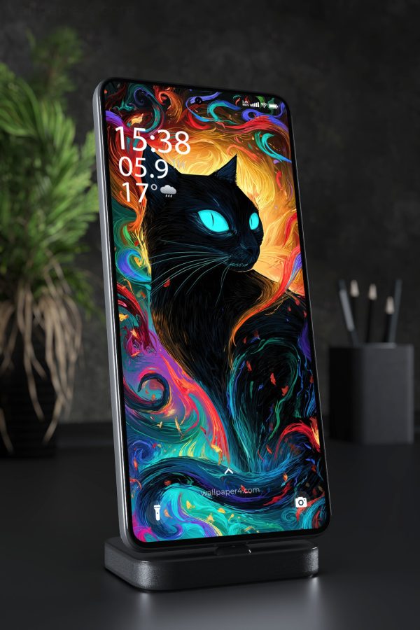 Phone Wallpaper 6952 - Neon Black Cat with Colorful Abstract Art