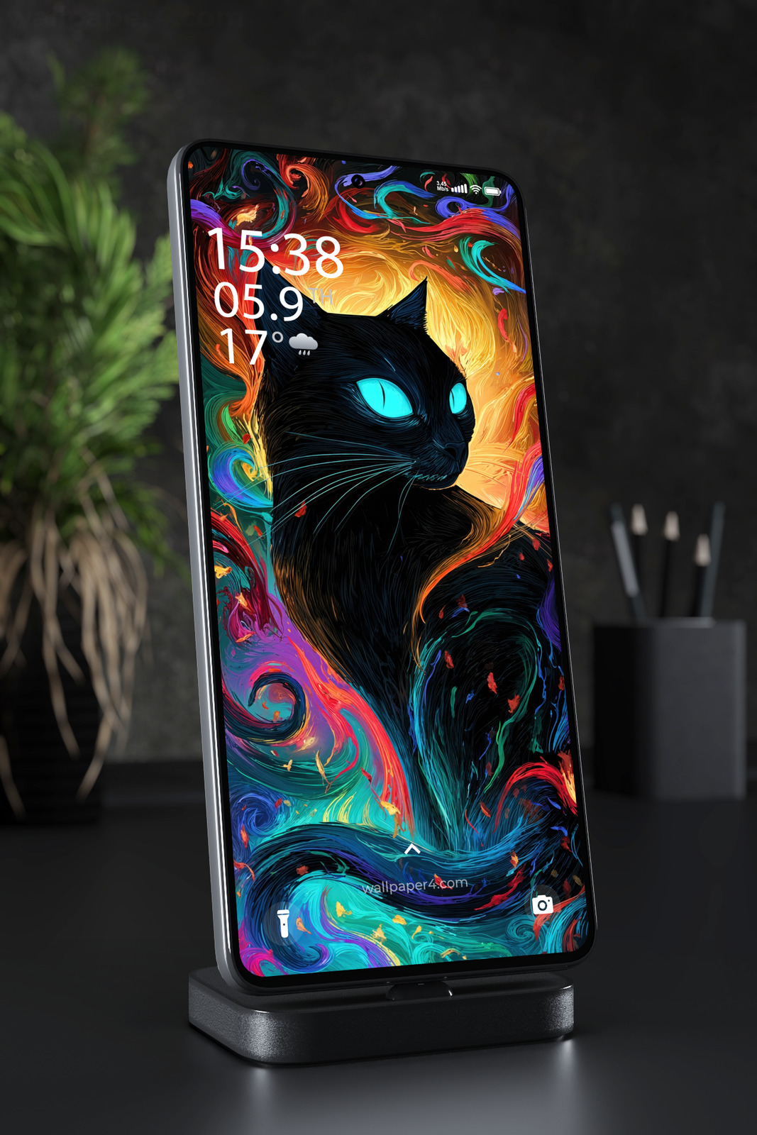Phone Wallpaper 6952 - Neon Black Cat with Colorful Abstract Art