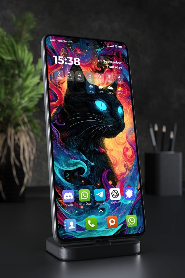 Mobile Wallpaper 6952 - Neon Black Cat with Colorful Abstract Art