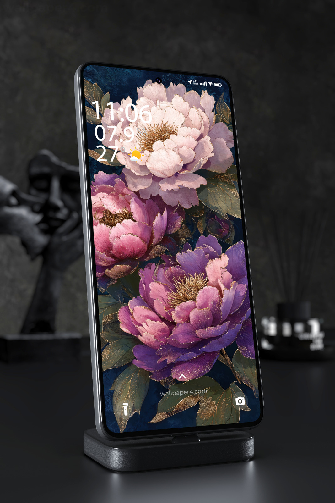 Phone Wallpaper 6955 - Elegant Pink Floral Art with Gold Details