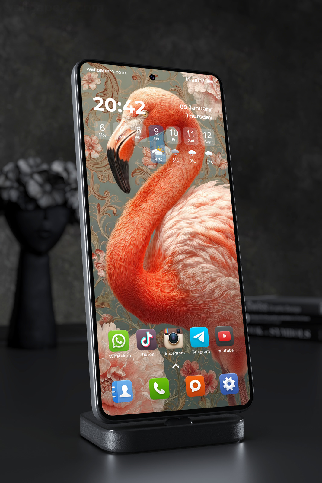 Phone Wallpaper 6960 - Elegant Pink Flamingo Floral Vintage Art