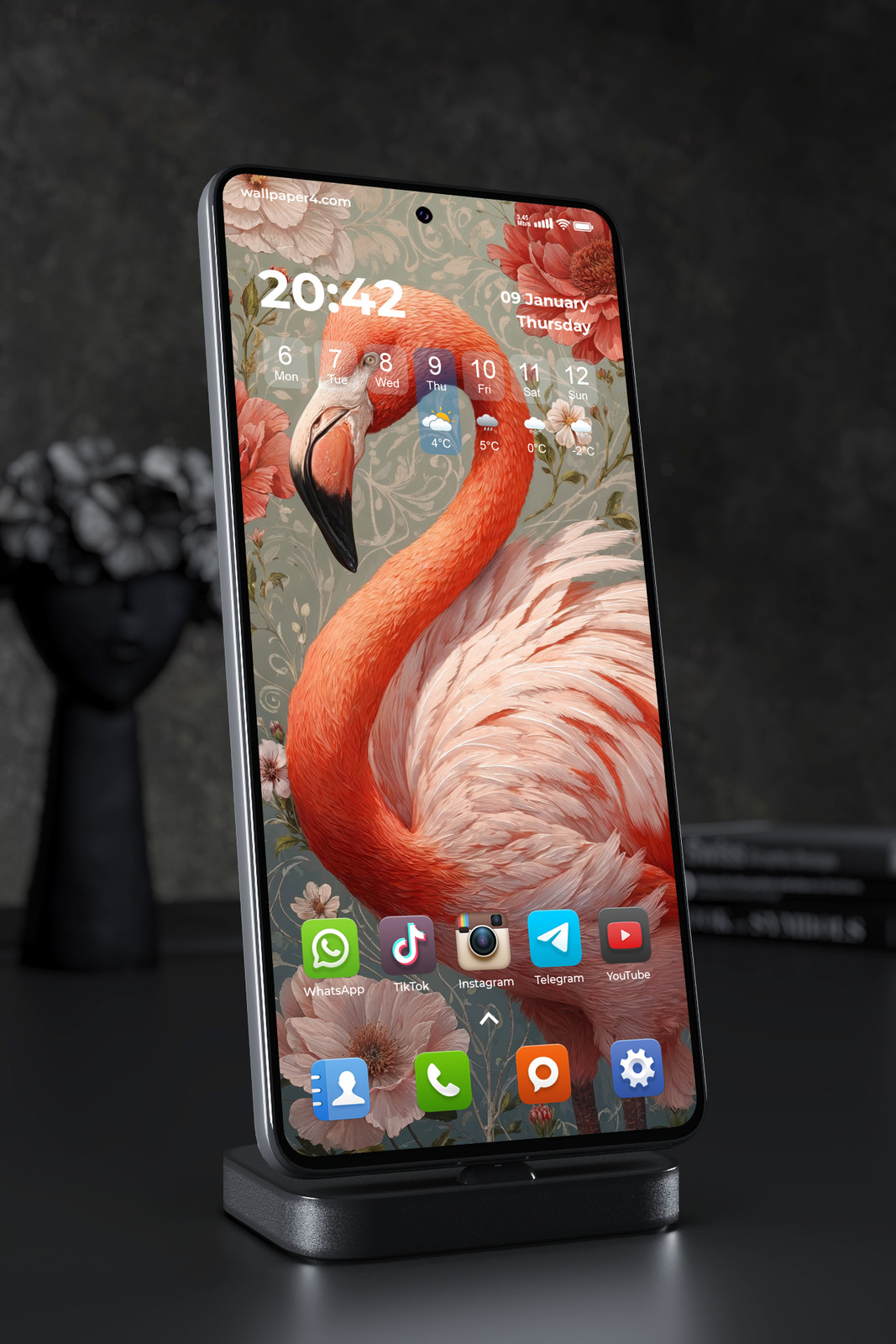Mobile Wallpaper 6960 - Elegant Pink Flamingo Floral Vintage Art