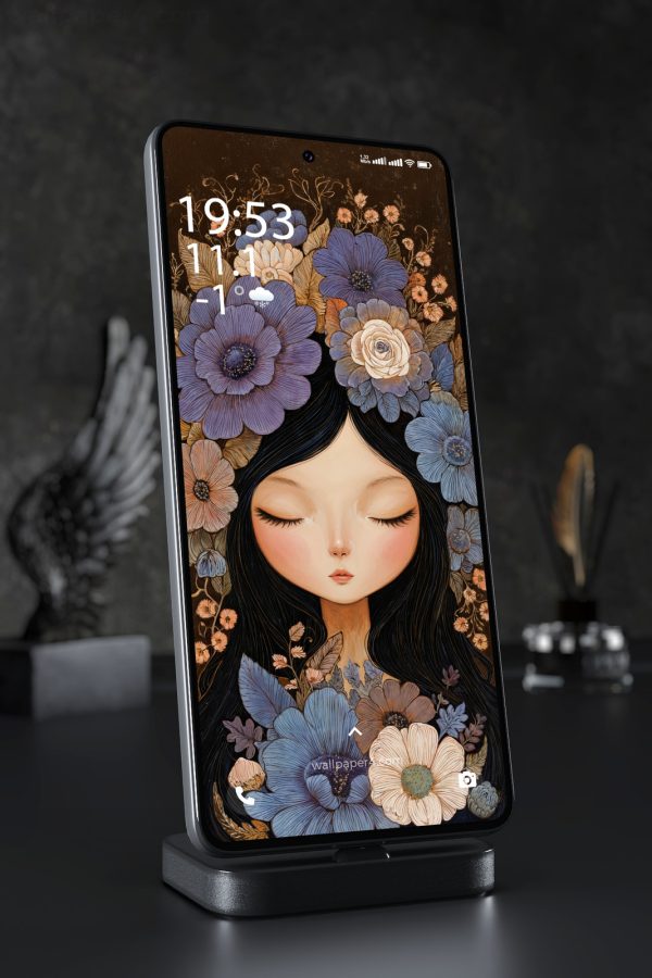Phone Wallpaper 6965 - Floral Fantasy Girl with Blue and Purple Flowers