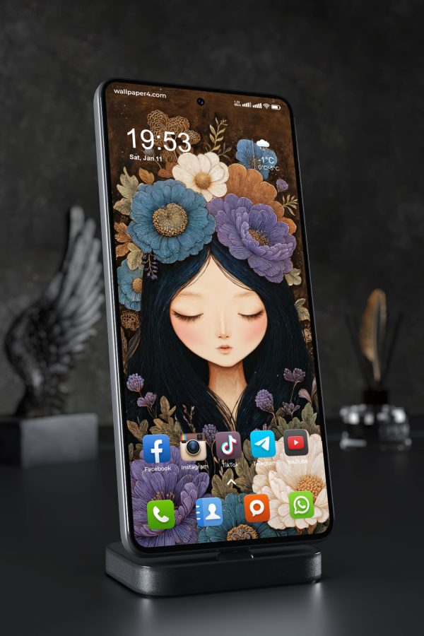 Mobile Wallpaper 6965 - Floral Fantasy Girl with Blue and Purple Flowers