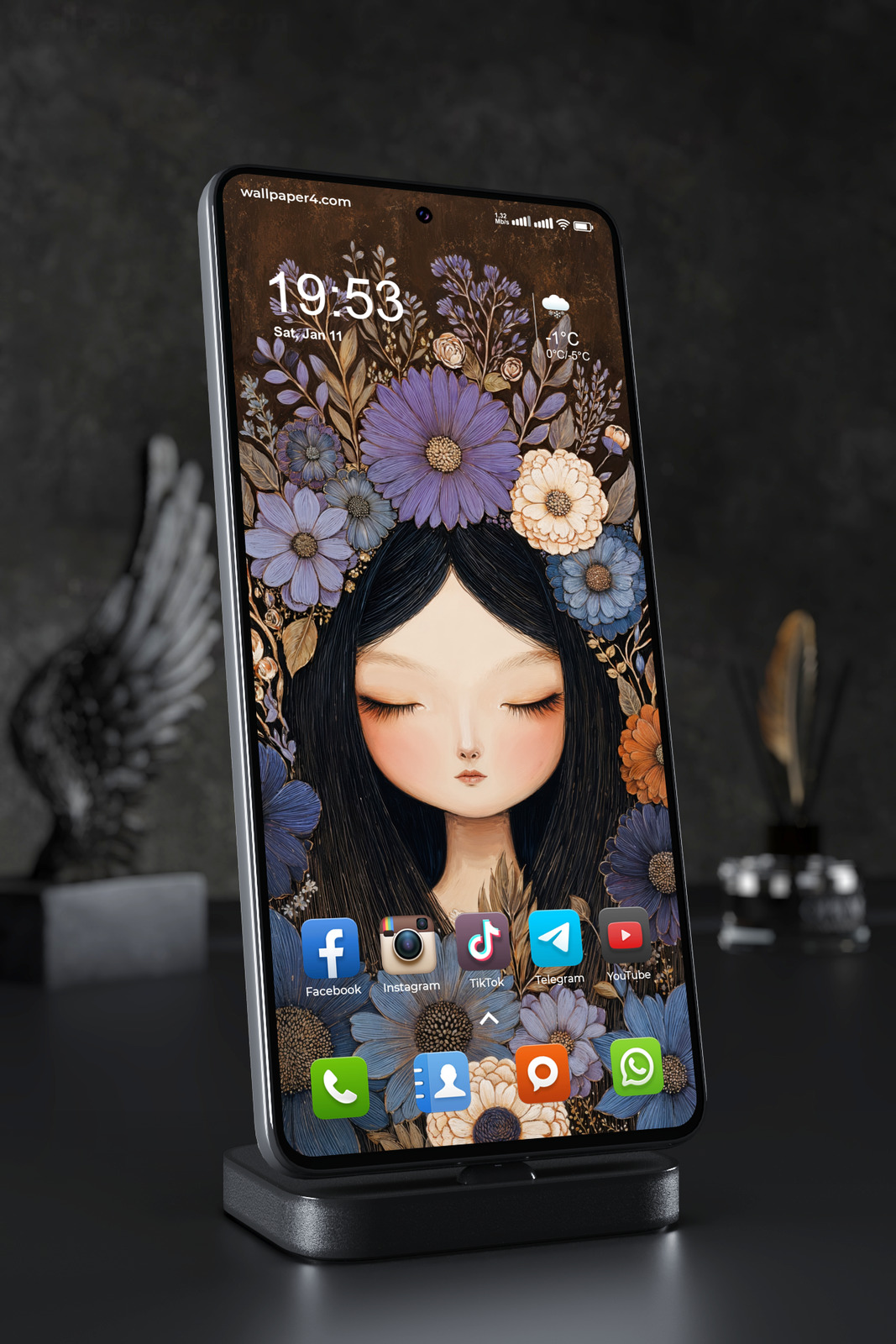 Mobile Wallpaper 6965 - Floral Fantasy Girl with Blue and Purple Flowers