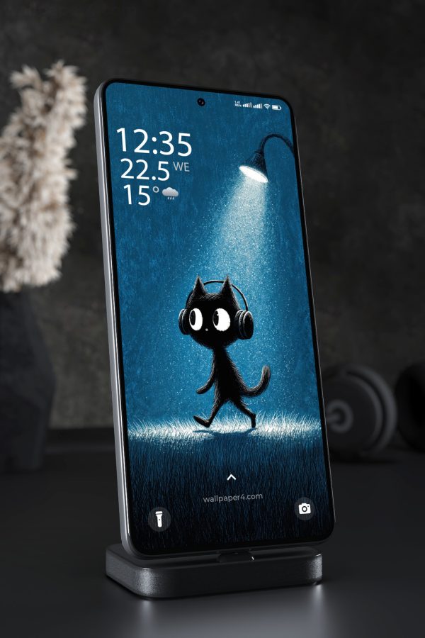 Phone Wallpaper 6992 - Cute Black Cat with Headphones Under a Streetlight