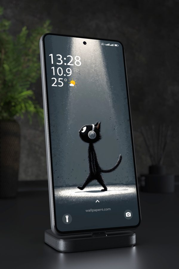 Phone Wallpaper 6995 - Black Cat with Headphones Under a Soft Spotlight