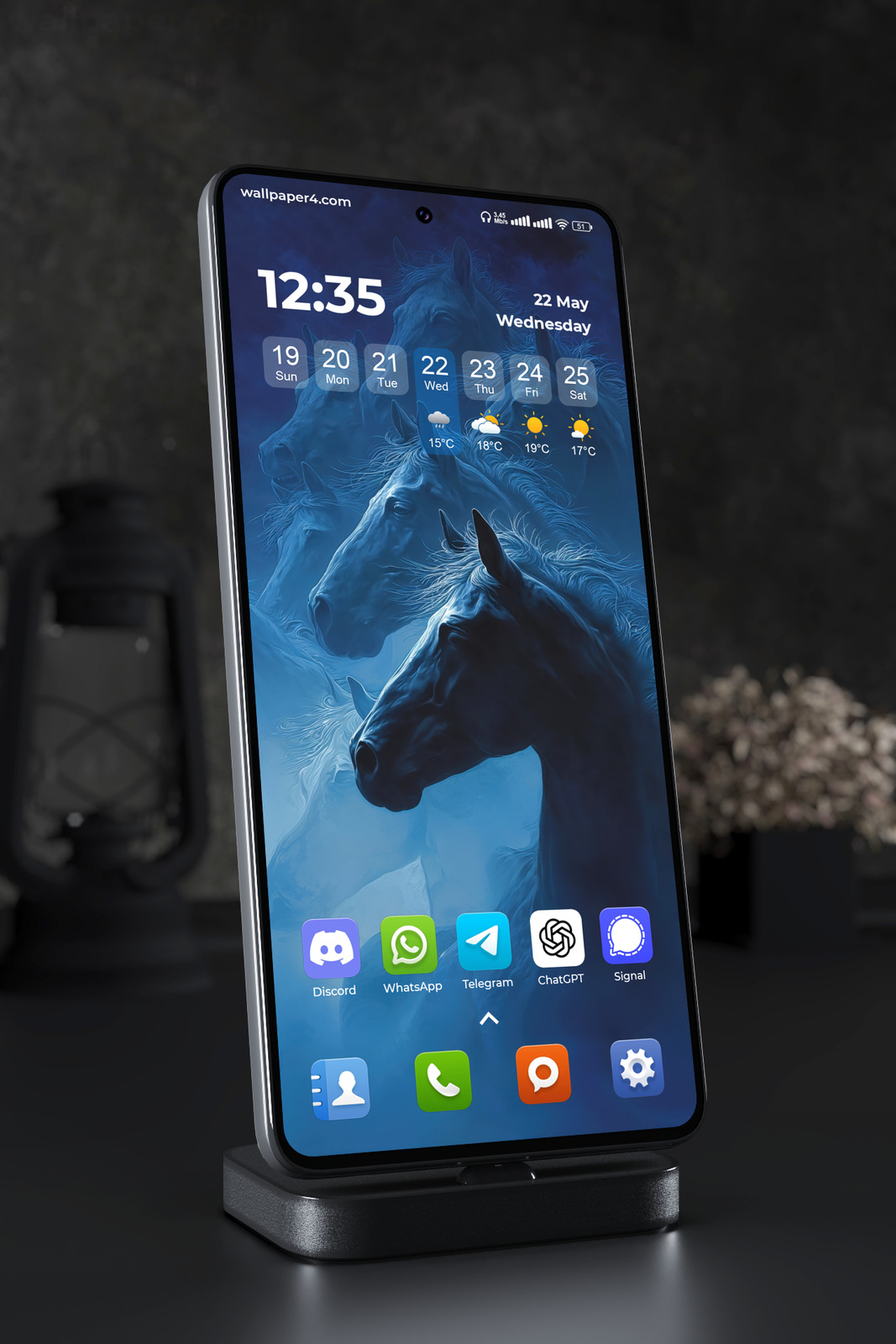 Phone Wallpaper 6999 - Mystical Blue Horses Beneath a Starry Sky
