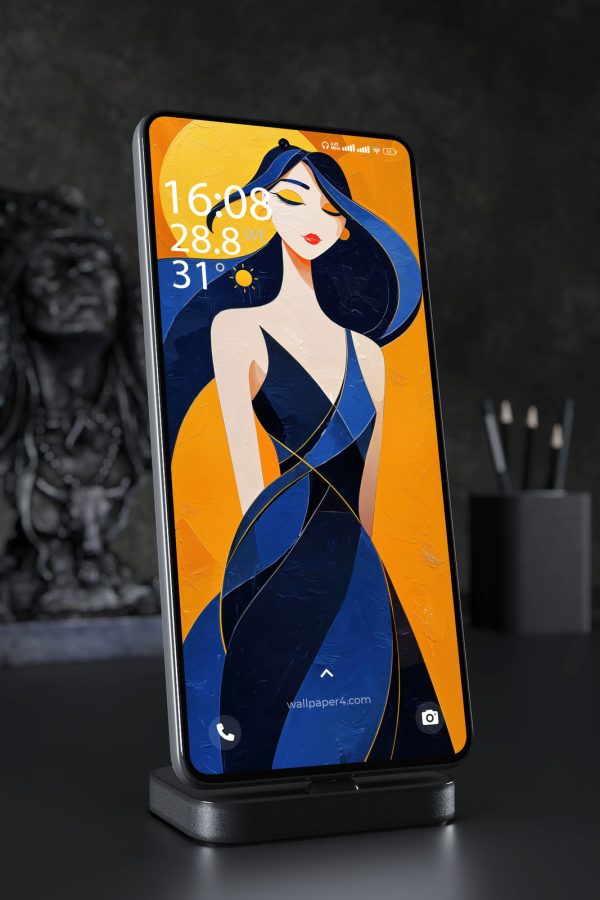 Phone Wallpaper 7004 - Elegant Woman in Blue and Gold Abstract Art