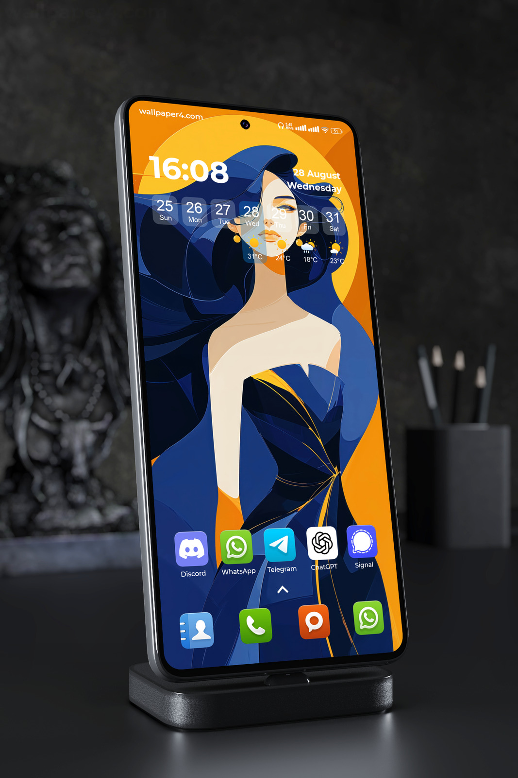 Mobile Wallpaper 7004 - Elegant Woman in Blue and Gold Abstract Art