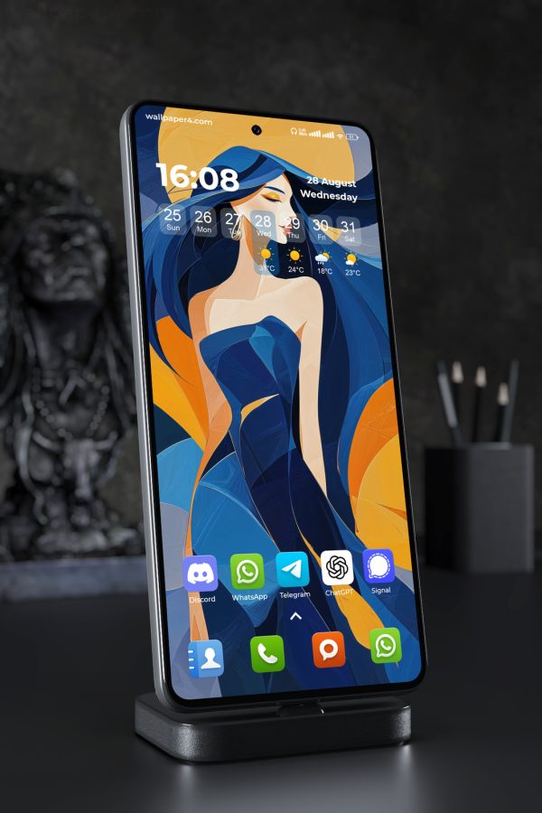 Mobile Wallpaper 7004 - Elegant Woman in Blue and Gold Abstract Art