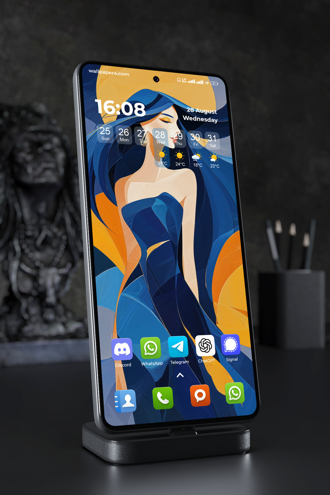 Mobile Wallpaper 7004 - Elegant Woman in Blue and Gold Abstract Art