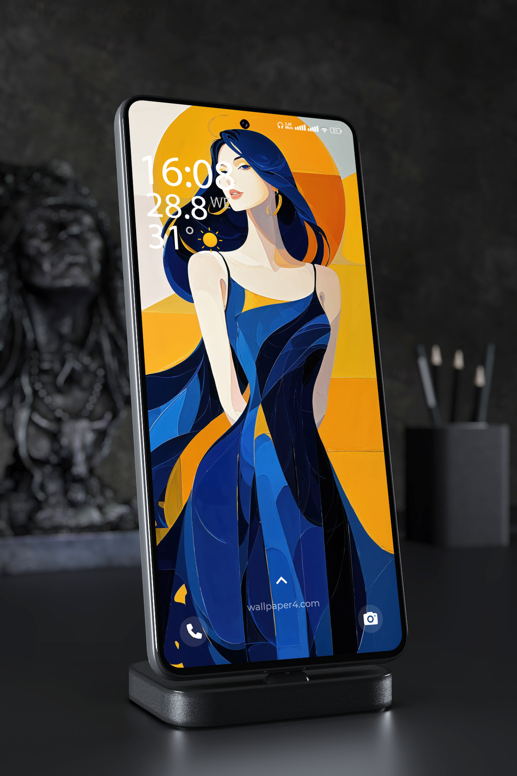 Mobile Wallpaper 7004 - Elegant Woman in Blue and Gold Abstract Art