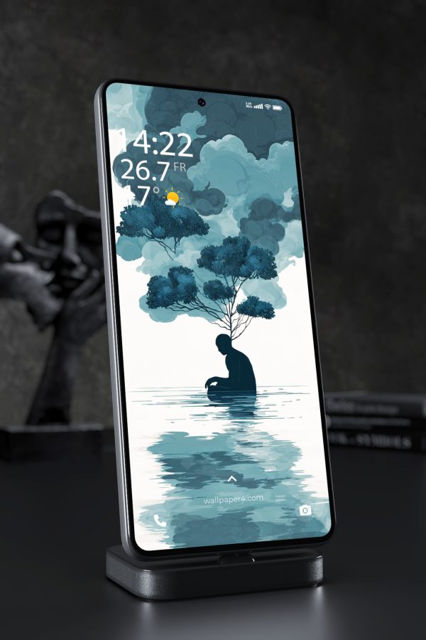 Phone Wallpaper 7014 - Solitary Figure Beneath Dreamlike Blue Trees