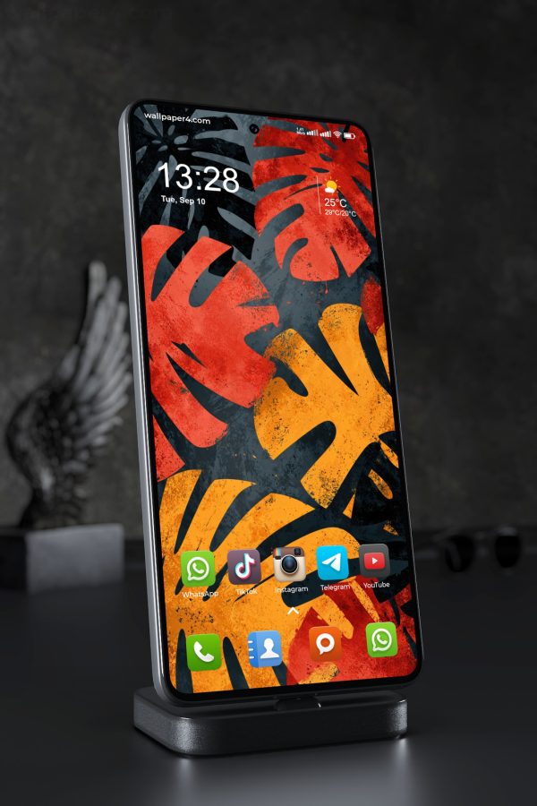 Phone Wallpaper 7024 - Bold Tropical Leaves in Red, Orange and Black