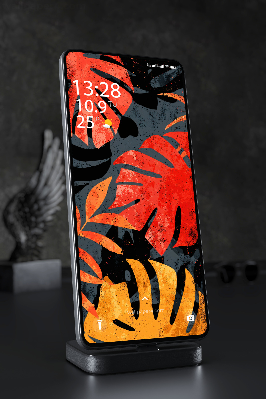 Mobile Wallpaper 7024 - Bold Tropical Leaves in Red, Orange and Black