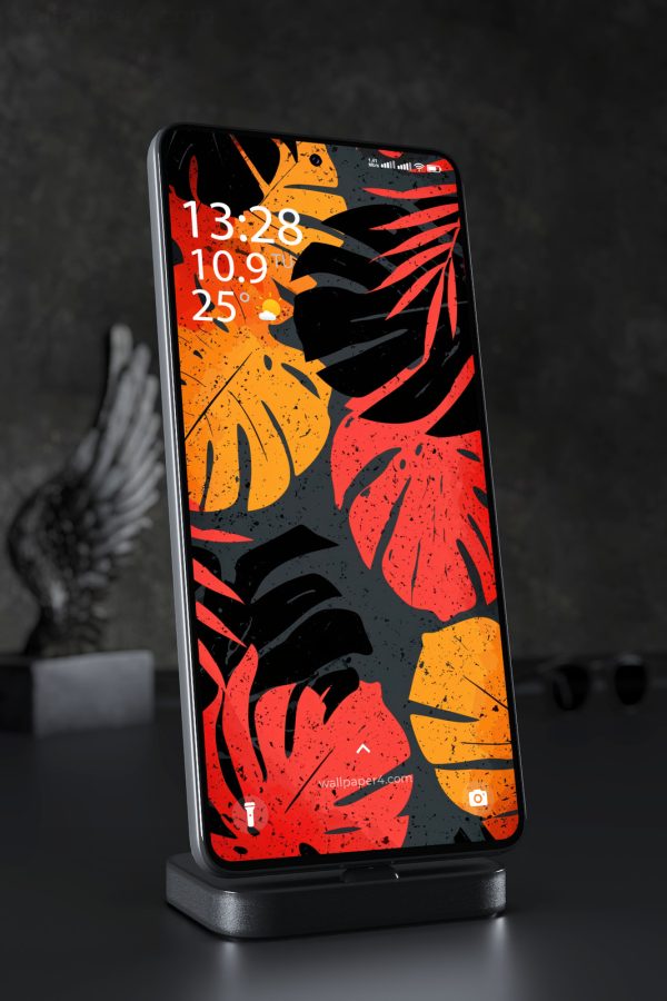 Mobile Wallpaper 7024 - Bold Tropical Leaves in Red, Orange and Black