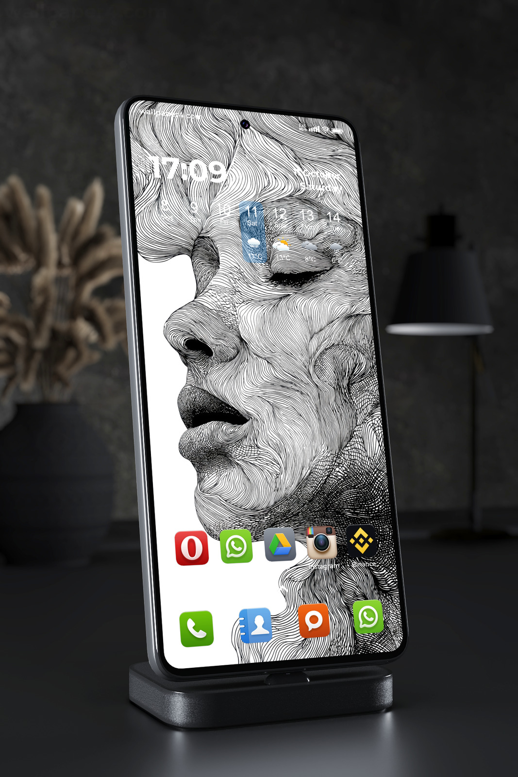 Mobile Wallpaper 7028 - Abstract Human Face in Flowing Black Line Art