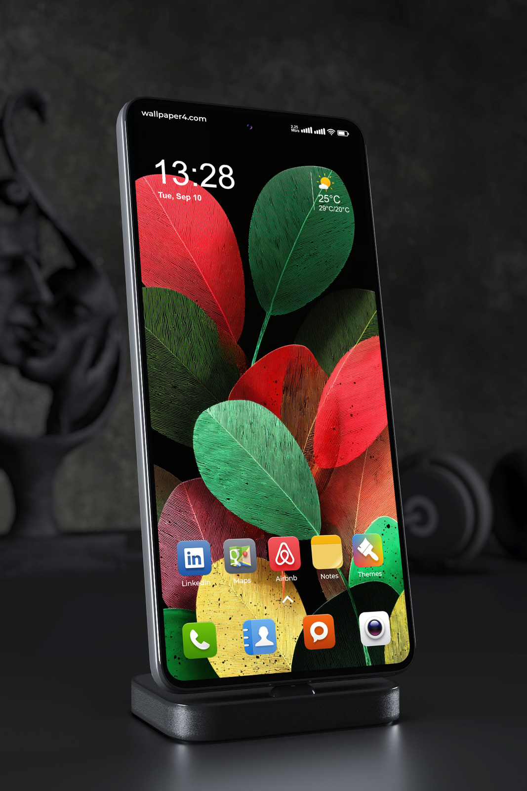 Phone Wallpaper 7040 - Colorful Tropical Leaves on Deep Black Background