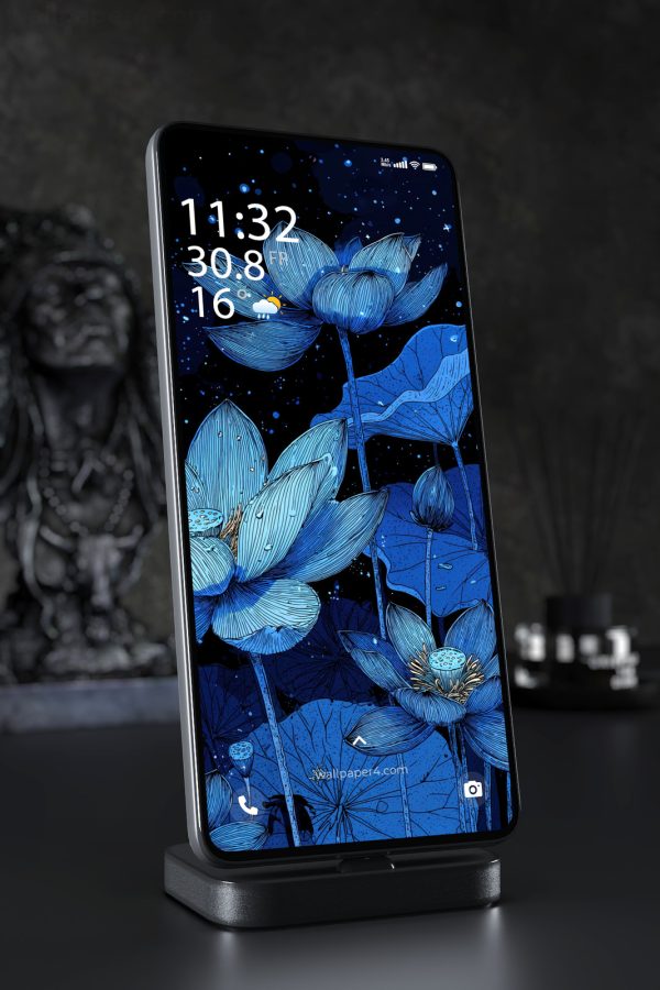 Phone Wallpaper 7051 - Blue Lotus Flowers in Midnight Ink Art