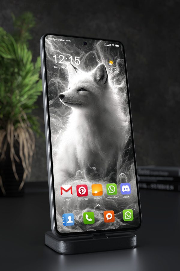 Phone Wallpaper 7055 - Ethereal White Fox in a Monochrome Spirit Mist