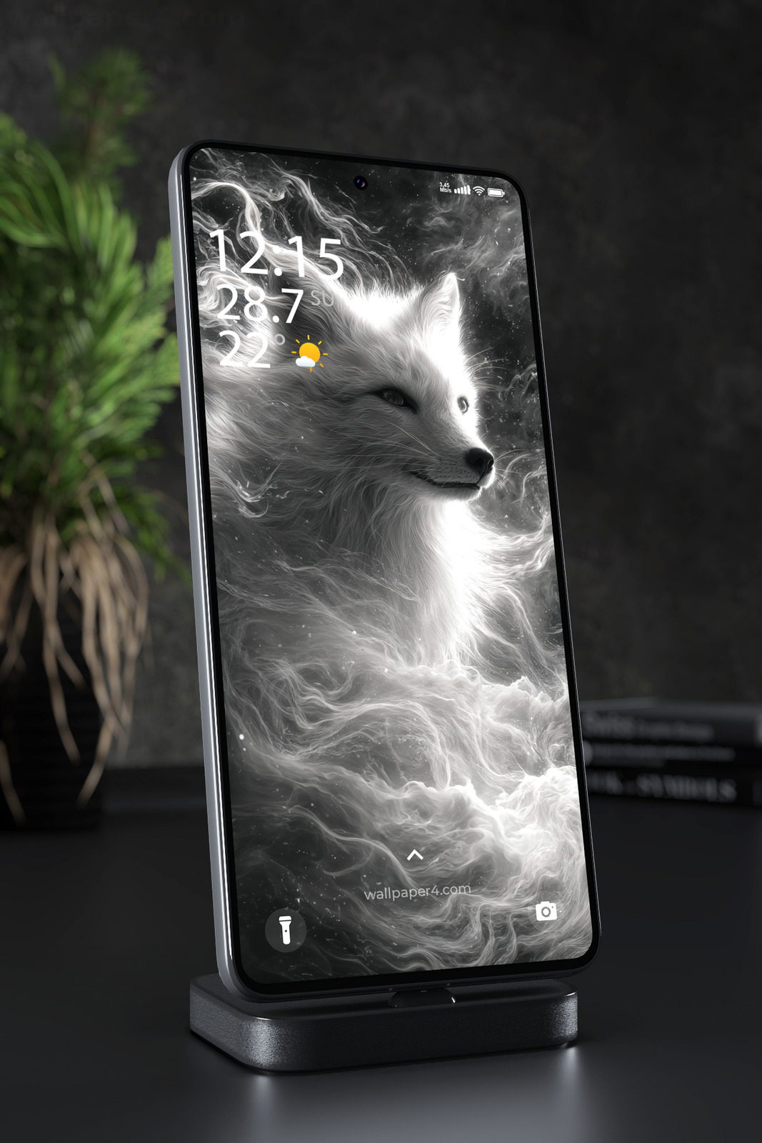 Mobile Wallpaper 7055 - Ethereal White Fox in a Monochrome Spirit Mist