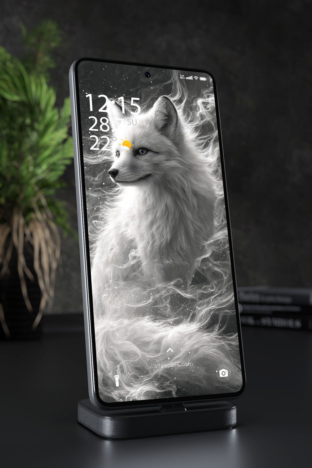 Mobile Wallpaper 7055 - Ethereal White Fox in a Monochrome Spirit Mist