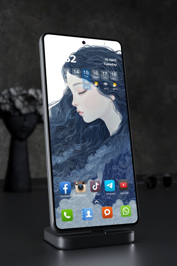 Phone Wallpaper 7065 - Ethereal Woman with Ocean Waves and Dark Hair