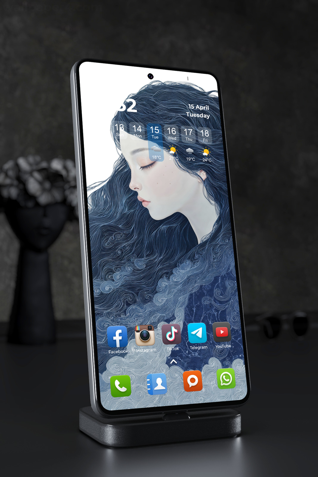 Phone Wallpaper 7065 - Ethereal Woman with Ocean Waves and Dark Hair