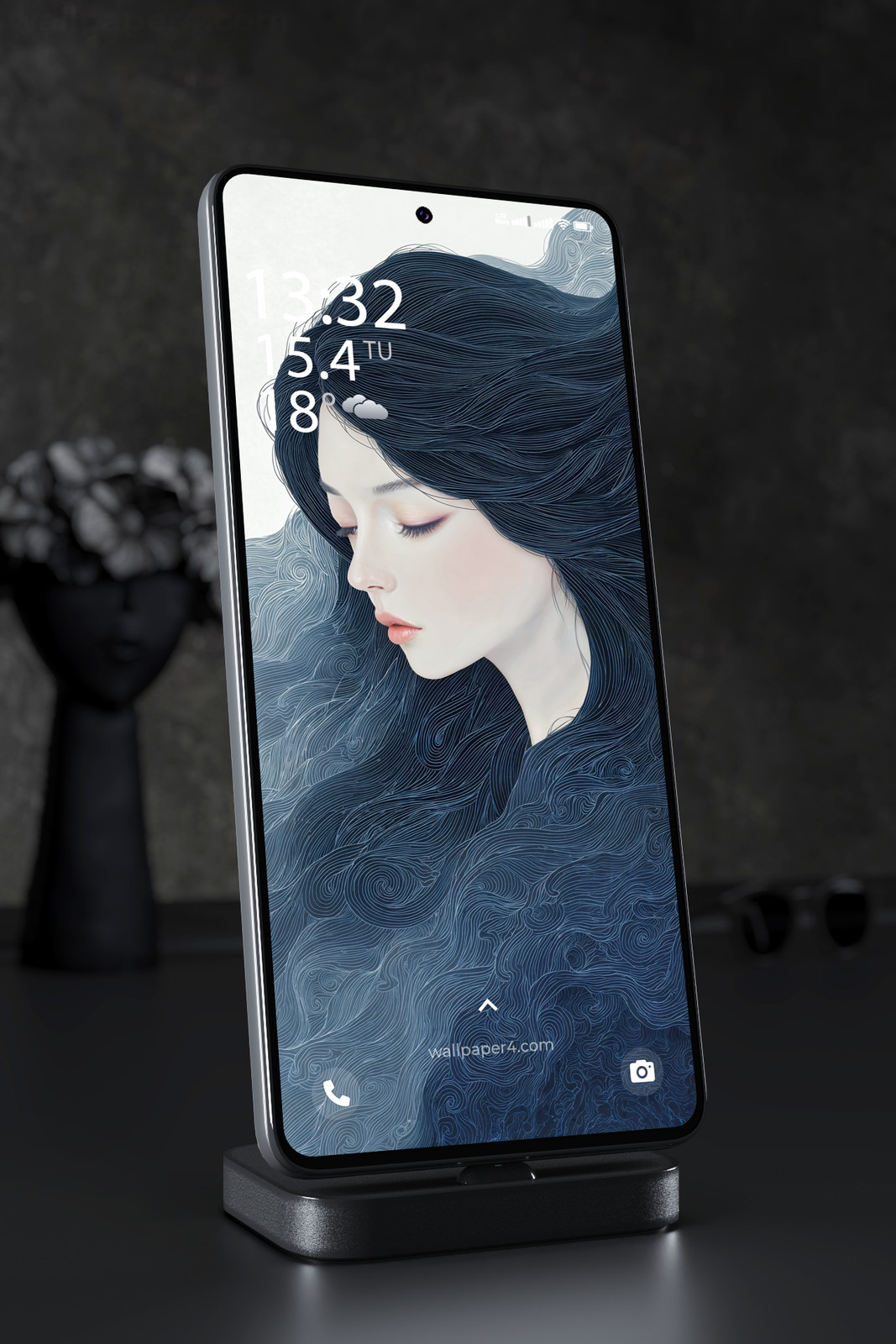 Mobile Wallpaper 7065 - Ethereal Woman with Ocean Waves and Dark Hair