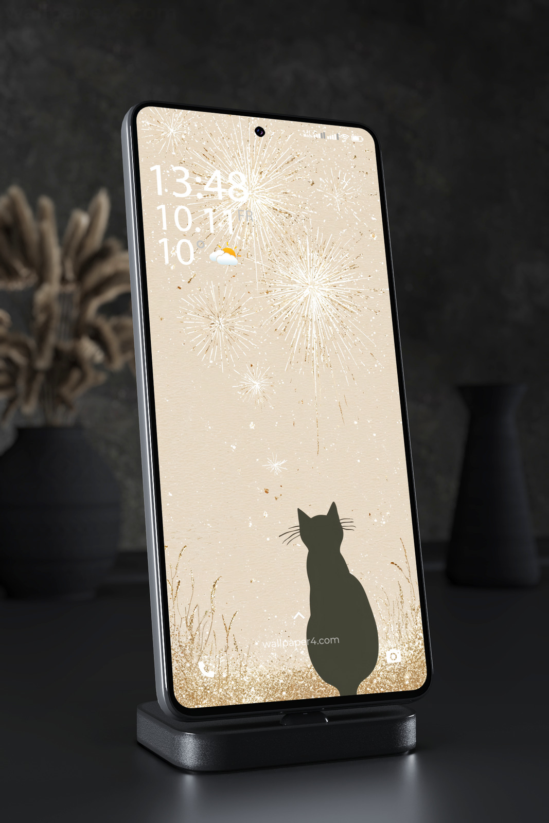 Phone Wallpaper 7074 - Black Cat Watching Golden Fireworks in the Sky