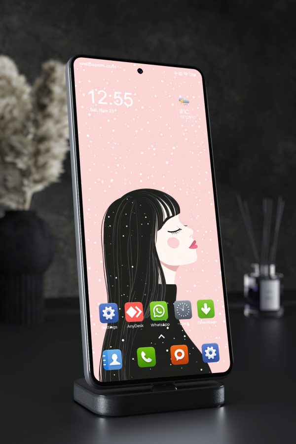 Phone Wallpaper 7078 - Dreamy Girl in Falling Snow Pink Illustration