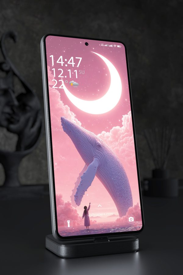 Phone Wallpaper 7082 - Dreamlike Whale Beneath a Glowing Crescent Moon