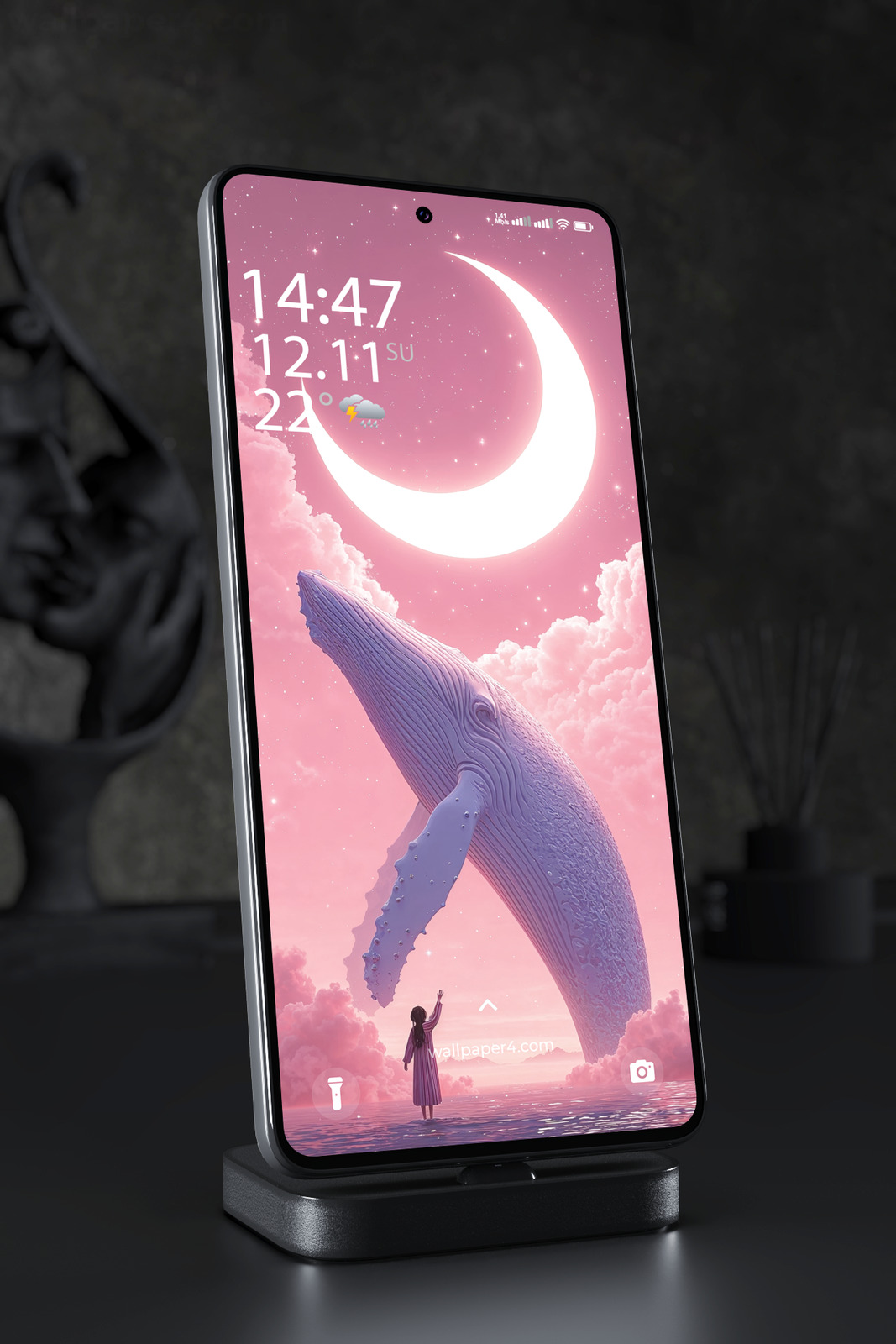 Phone Wallpaper 7082 - Dreamlike Whale Beneath a Glowing Crescent Moon