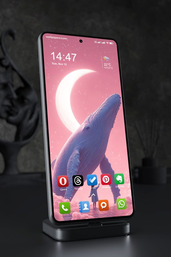 Mobile Wallpaper 7082 - Dreamlike Whale Beneath a Glowing Crescent Moon