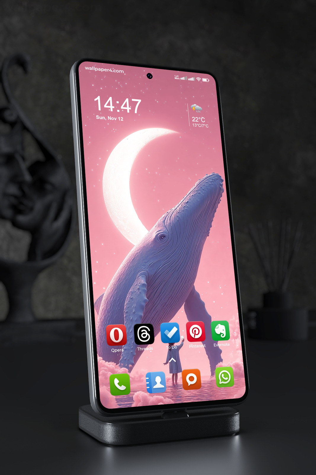 Mobile Wallpaper 7082 - Dreamlike Whale Beneath a Glowing Crescent Moon