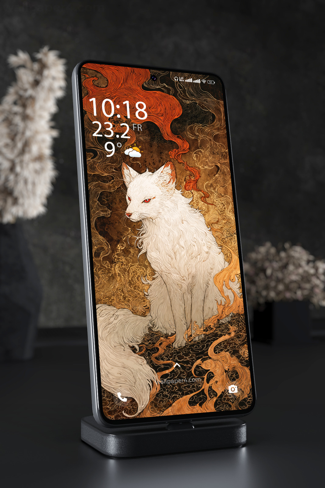 Mobile Wallpaper 7086 - Mystical White Kitsune in Japanese Ink Art