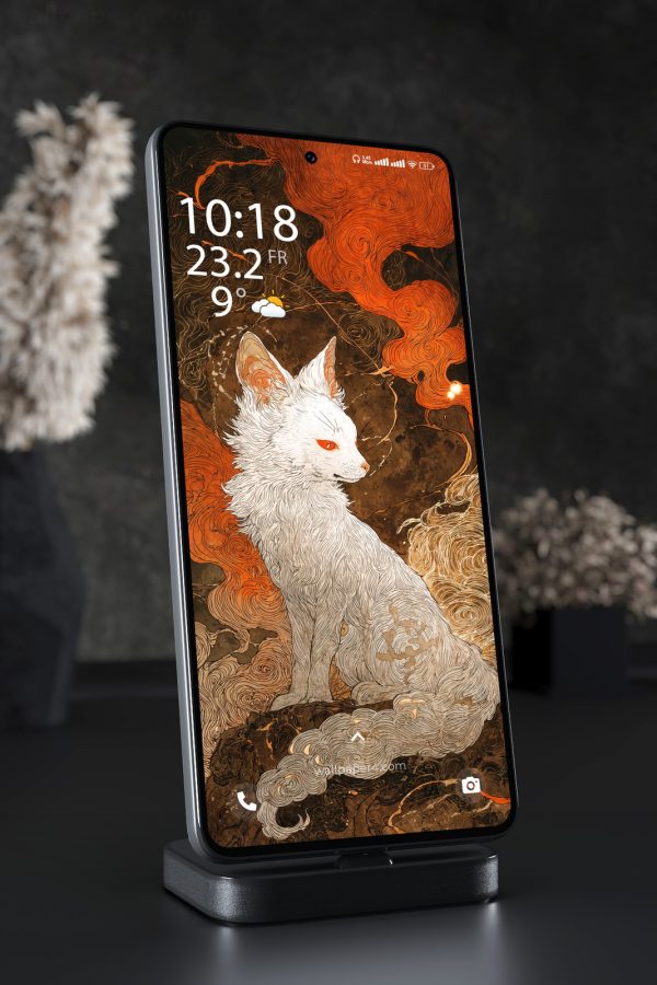 Mobile Wallpaper 7086 - Mystical White Kitsune in Japanese Ink Art