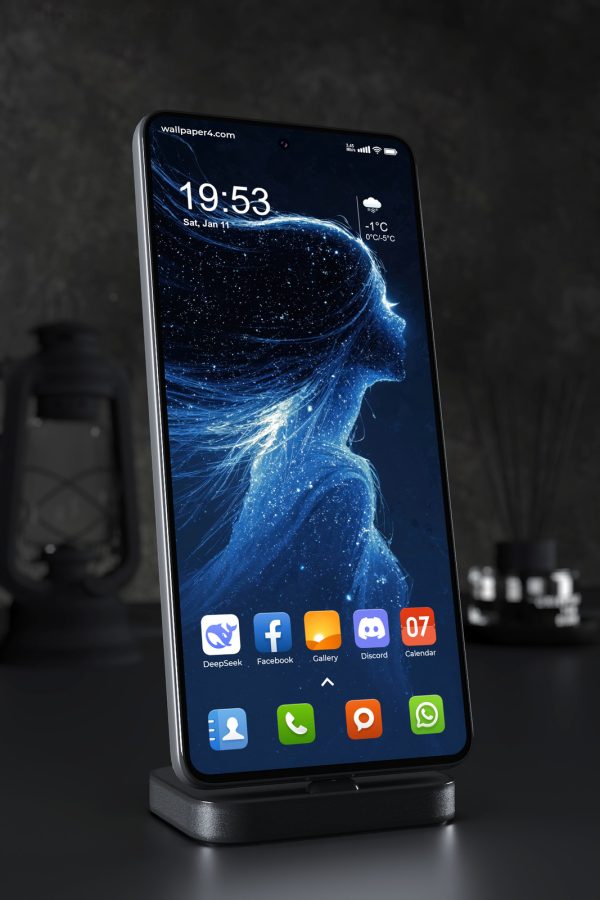 Phone Wallpaper 7094 - Celestial Blue Woman in Flowing Starlight