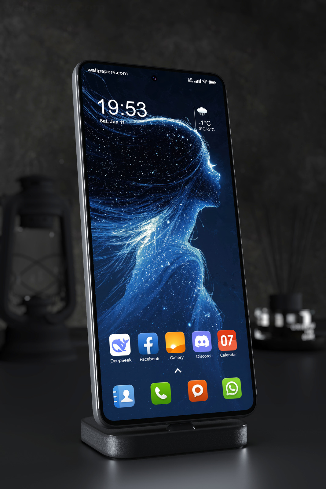 Phone Wallpaper 7094 - Celestial Blue Woman in Flowing Starlight