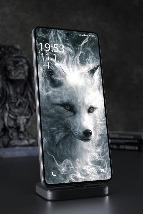 Phone Wallpaper 7097 - Mystical White Fox in Flowing Spirit Smoke