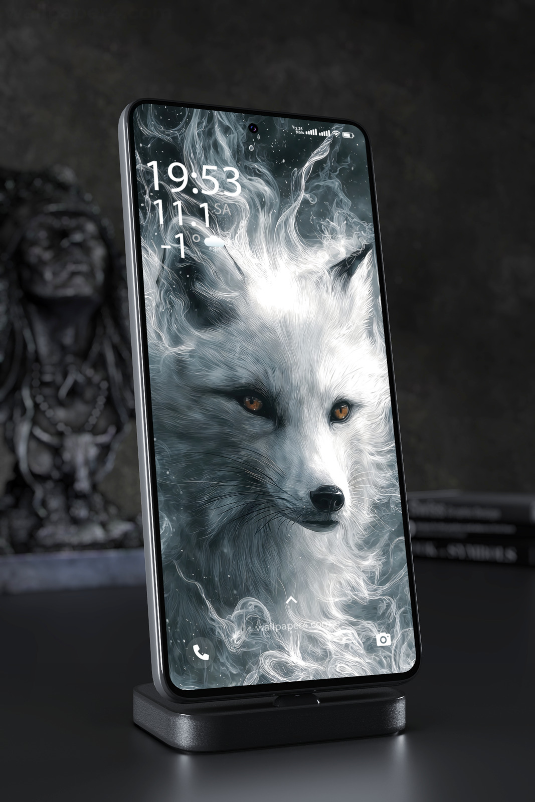 Phone Wallpaper 7097 - Mystical White Fox in Flowing Spirit Smoke